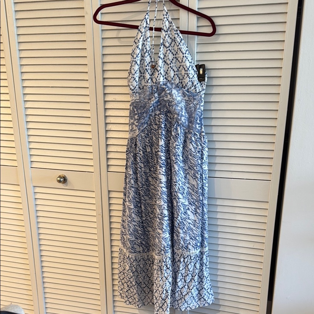 Blue and White Halter Maxi Dress for Resort Wear